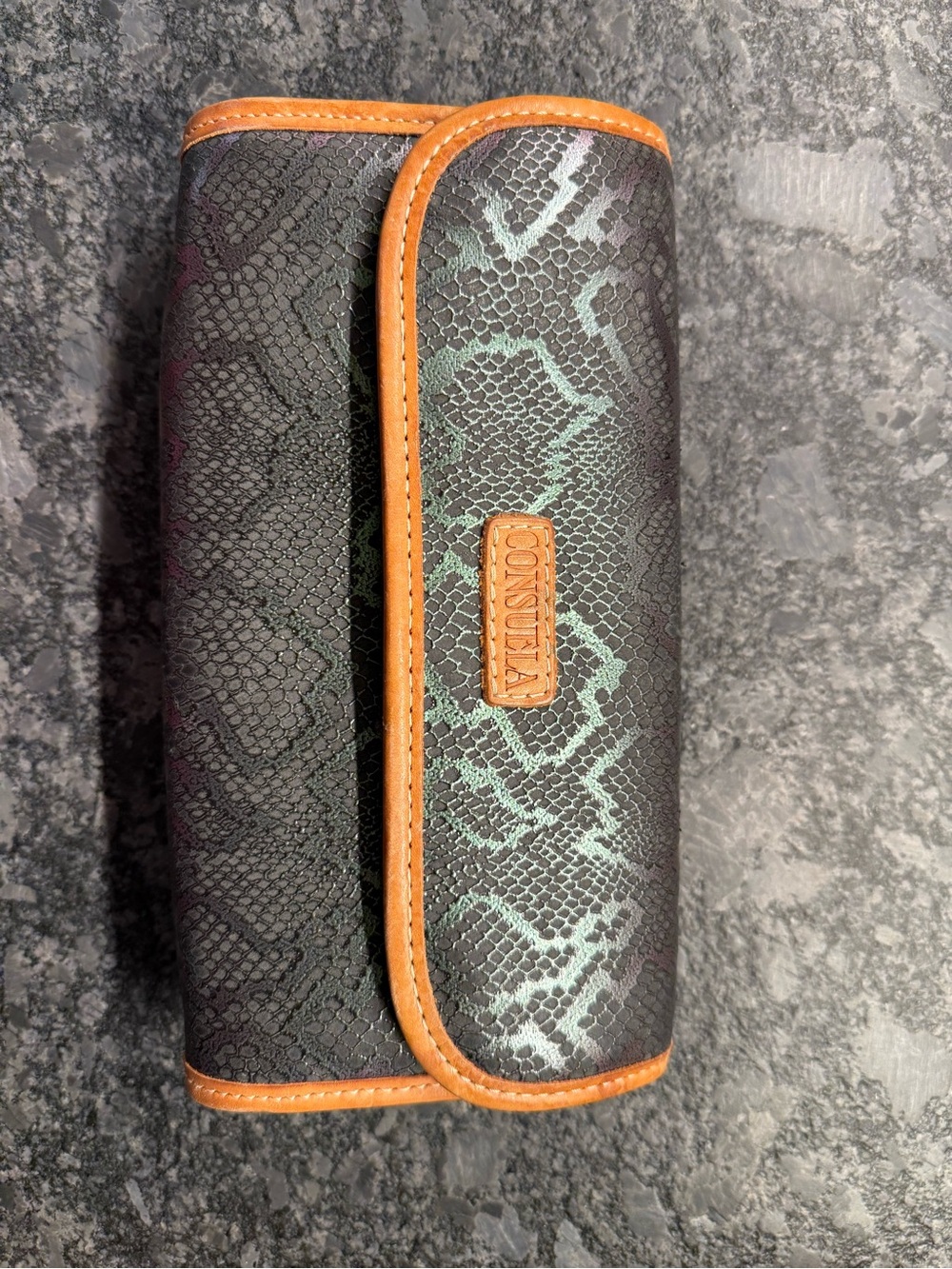 Consuela Black Teal Snake-Print Wallet with Tan Trim
